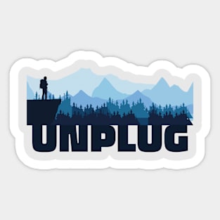 UNPLUG Adventurer Hiker Standing Over A Cliff Wachting Over A Mountain Range With Forest Sticker